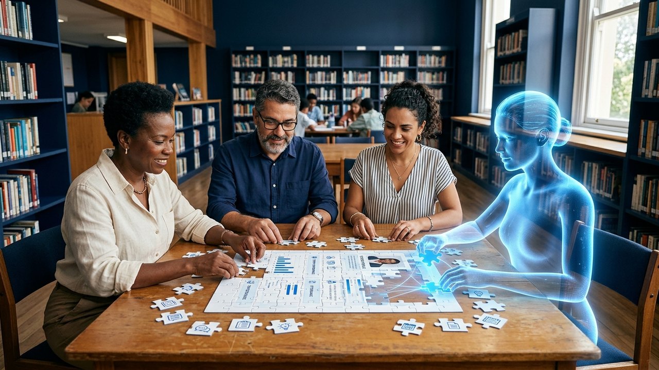 Três educadores e uma figura holográfica azul da IA montam juntos, numa mesa de biblioteca, um quebra-cabeça cujas peças formam o perfil de um aluno