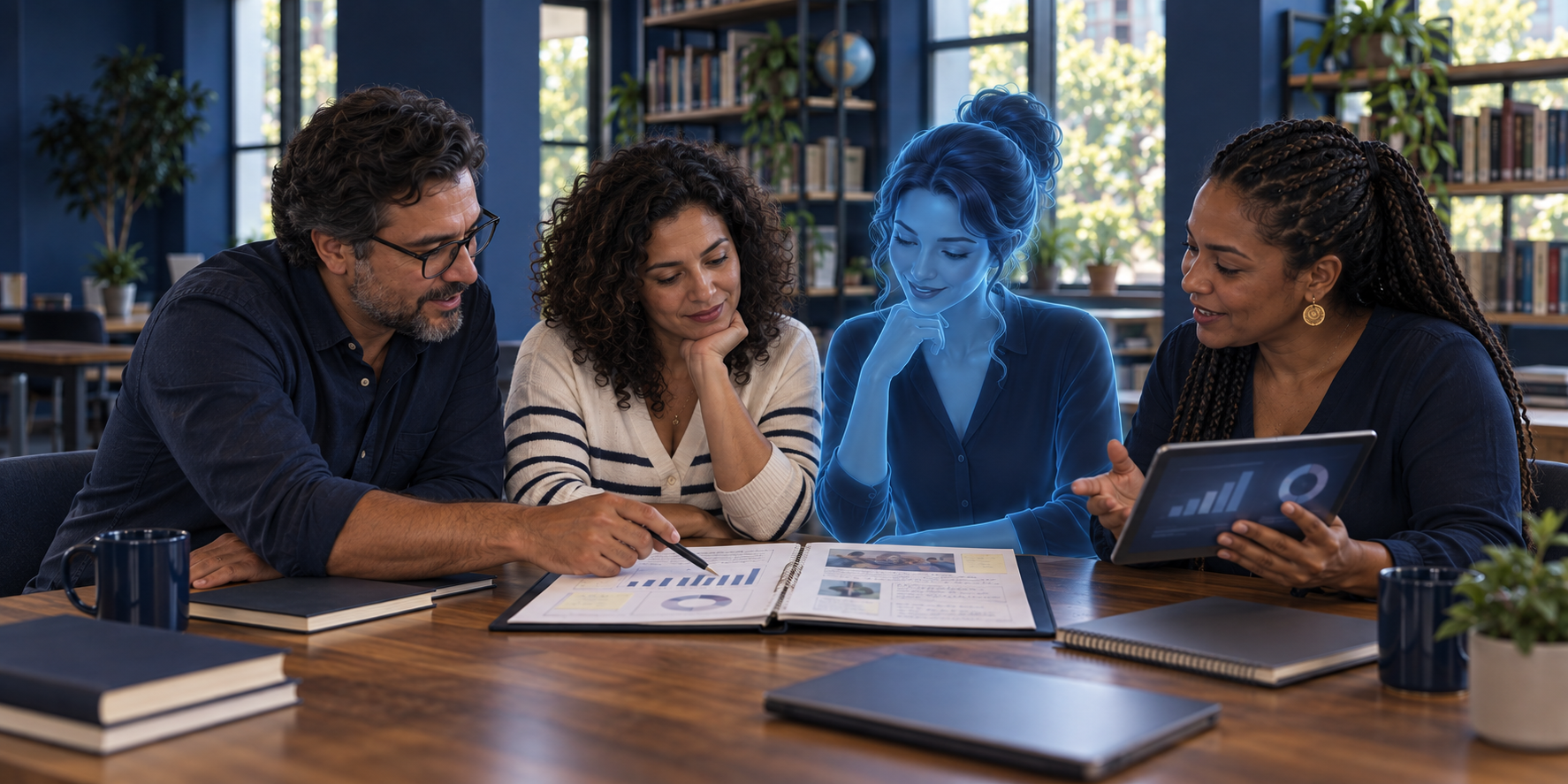 Equipe pedagógica e assistente de IA analisam o acompanhamento de um aluno em uma biblioteca escolar.