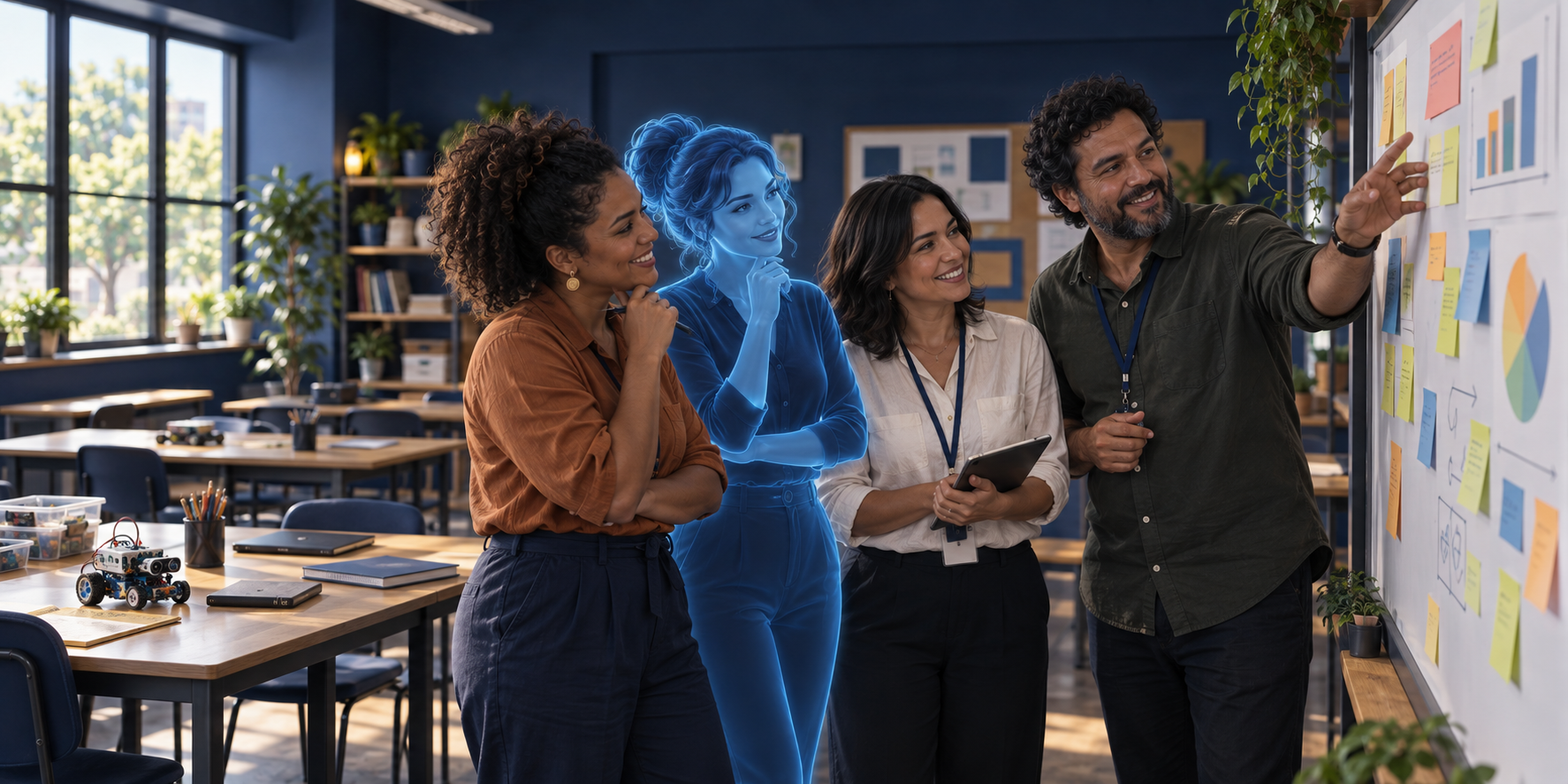 Professores, coordenação e assistente de IA planejam ações para a turma diante de um painel na sala de aula.